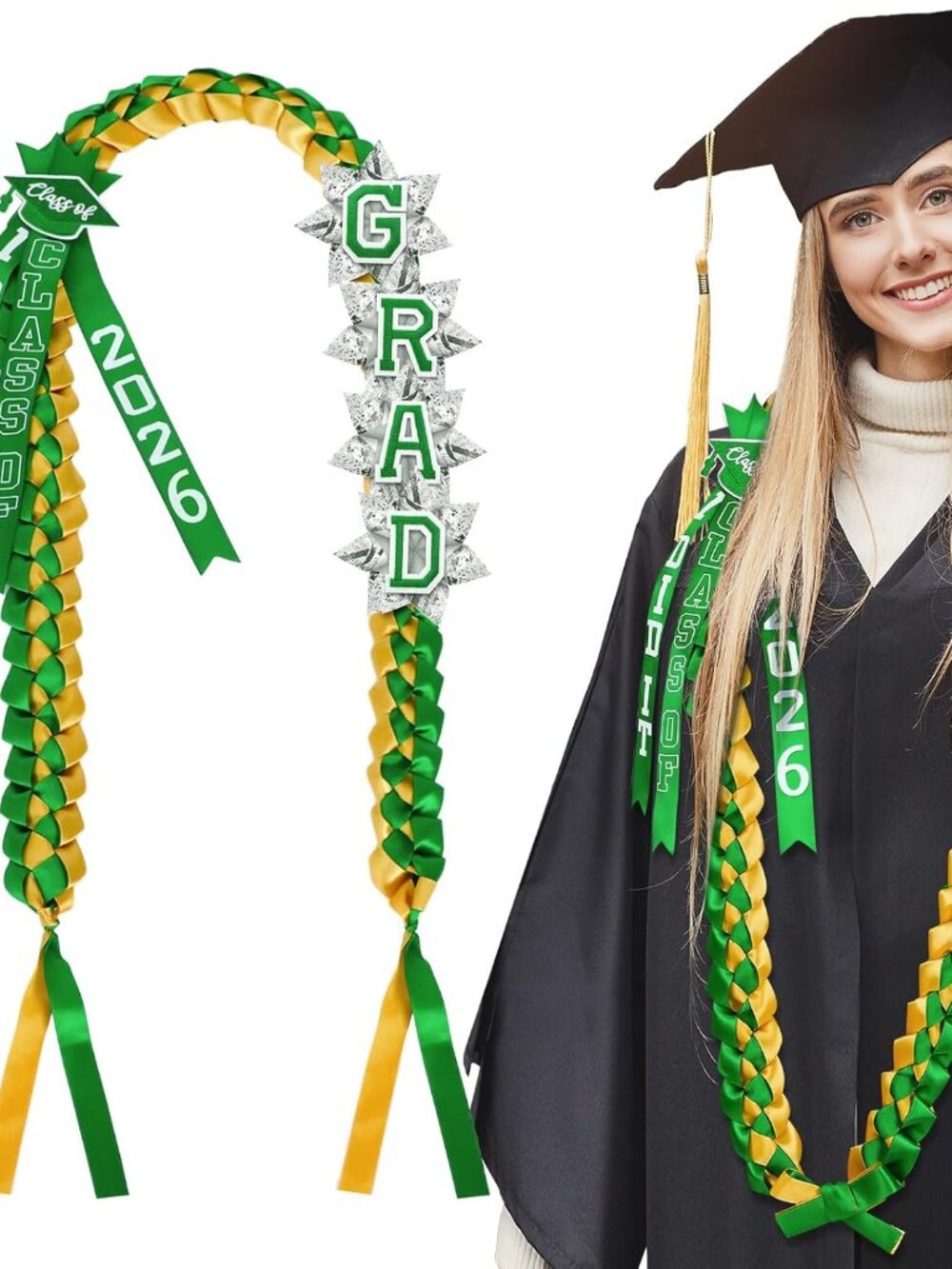 63'' Graduation Ribbon Lei Necklace Class of 2026, Handmade Double Braided Money